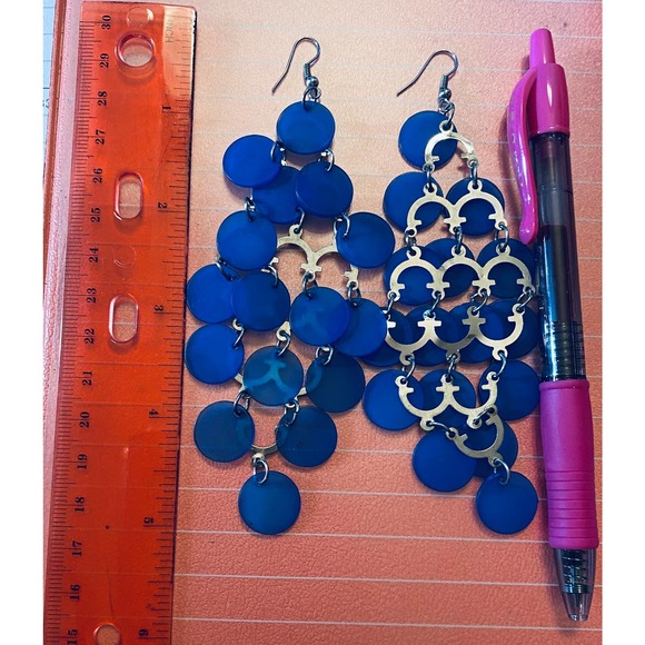 Vintage Shell Chandelier Statement Earrings Royal Blue 5 Inch Dangle Drop - Picture 5 of 7